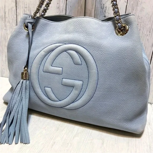 Gucci Sky Blue Leather Shoulder Bag with Gold Chain - Picture 2 of 14
